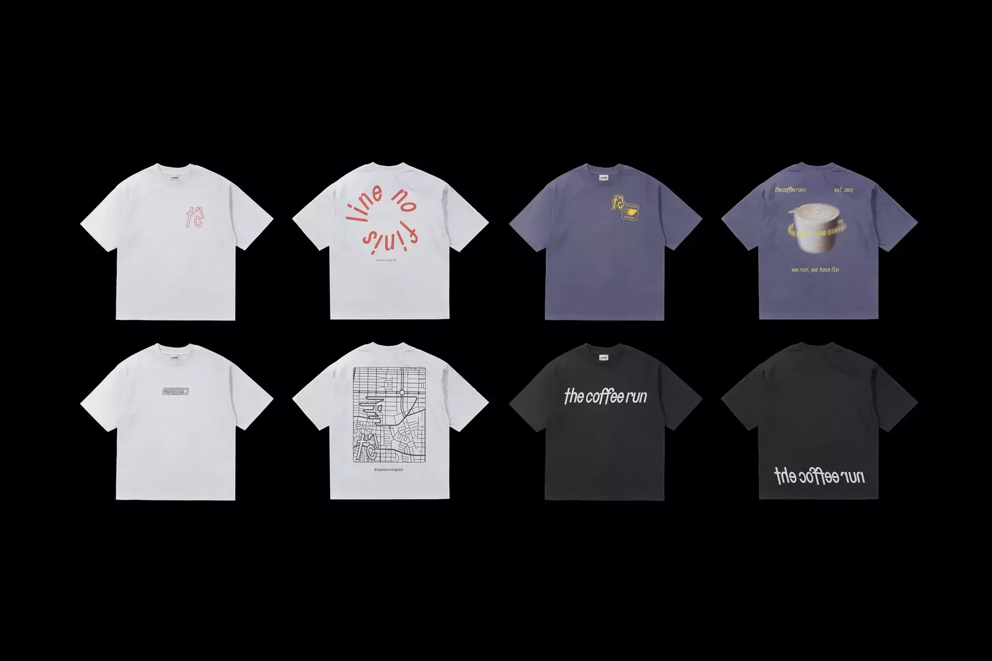 Eight assorted t-shirts displayed on a black background, each featuring unique designs and text, arranged in two rows.