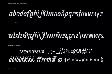 Typeface specimen featuring italicized lowercase letters, inverted uppercase glyphs, and numbers on a black background