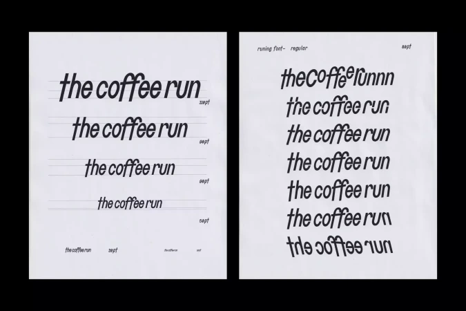 Graphic design showcase featuring The Coffee Run brand identity typography displayed on two white paper sheets with black lettering.