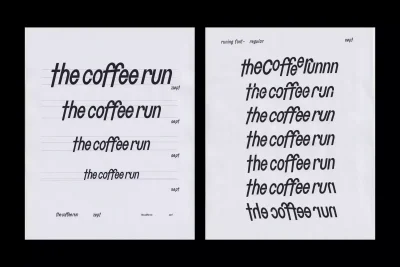 Graphic design showcase featuring The Coffee Run brand identity typography displayed on two white paper sheets with black lettering.
