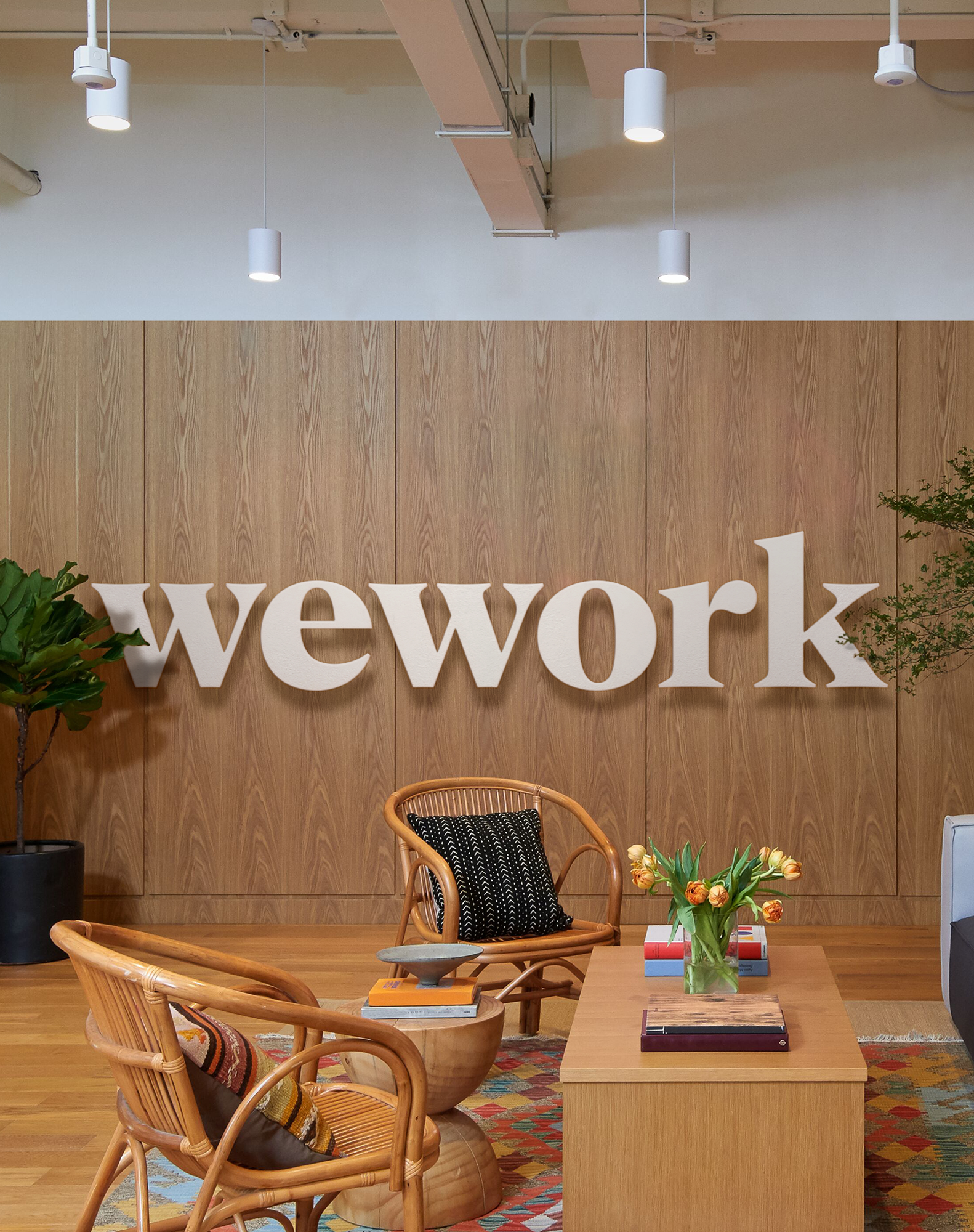 Contemporary co-working space interior featuring modern furniture, potted plants, and natural wood accents, creating an inviting, collaborative workspace.