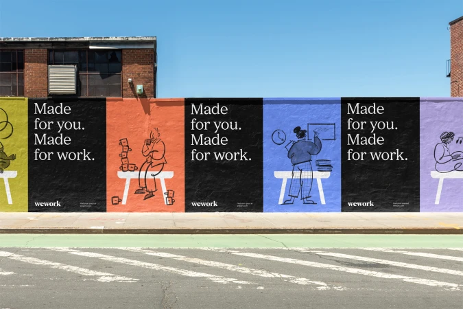 Urban mural with colorful illustrations of people working and relaxing at WeWork, promoting flexible workspace solutions for individuals.