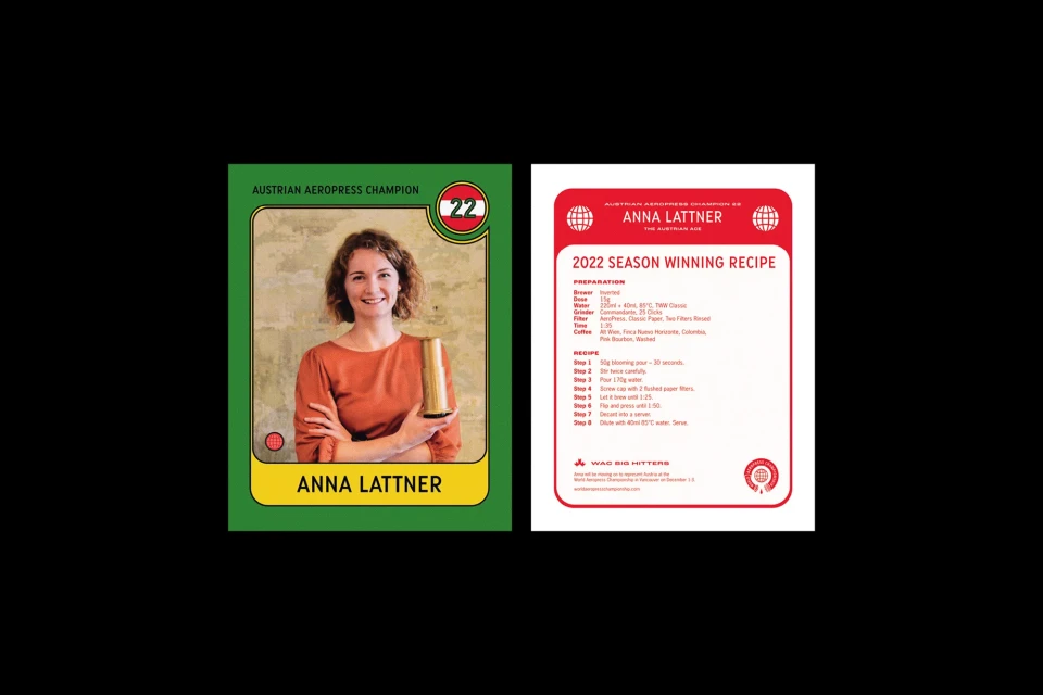 Anna Lattner presented as a vintage trading card with her 2022 Aeropress recipe. Image has red and green color scheme, clear typography.