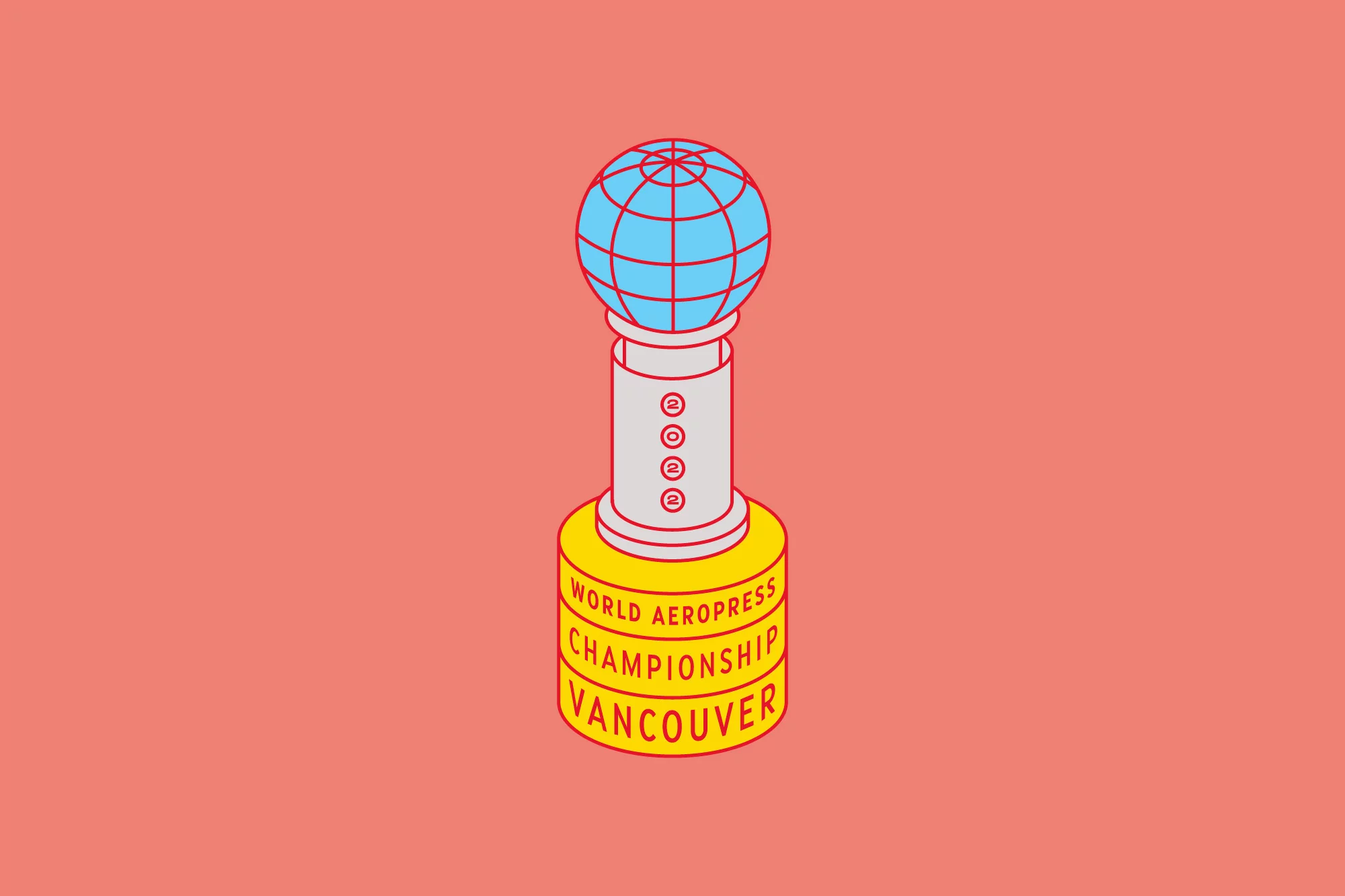Illustrated trophy for the World Aeropress Championship in Vancouver, featuring a globe on top, rendered in isometric style on coral backdrop.