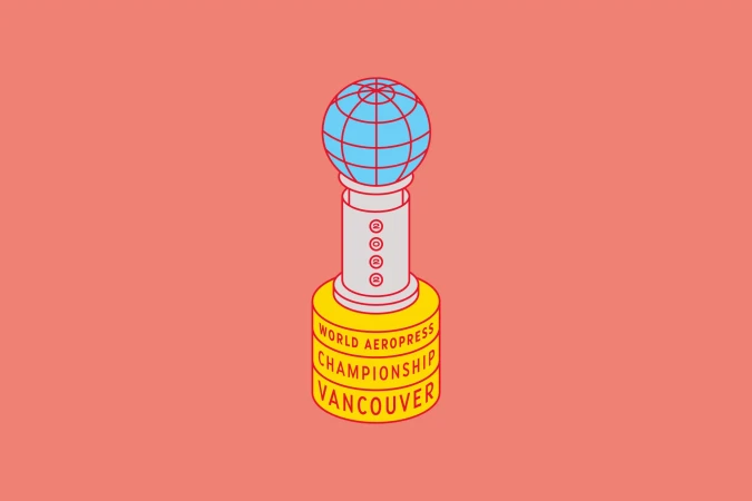 Illustrated trophy for the World Aeropress Championship in Vancouver, featuring a globe on top, rendered in isometric style on coral backdrop.