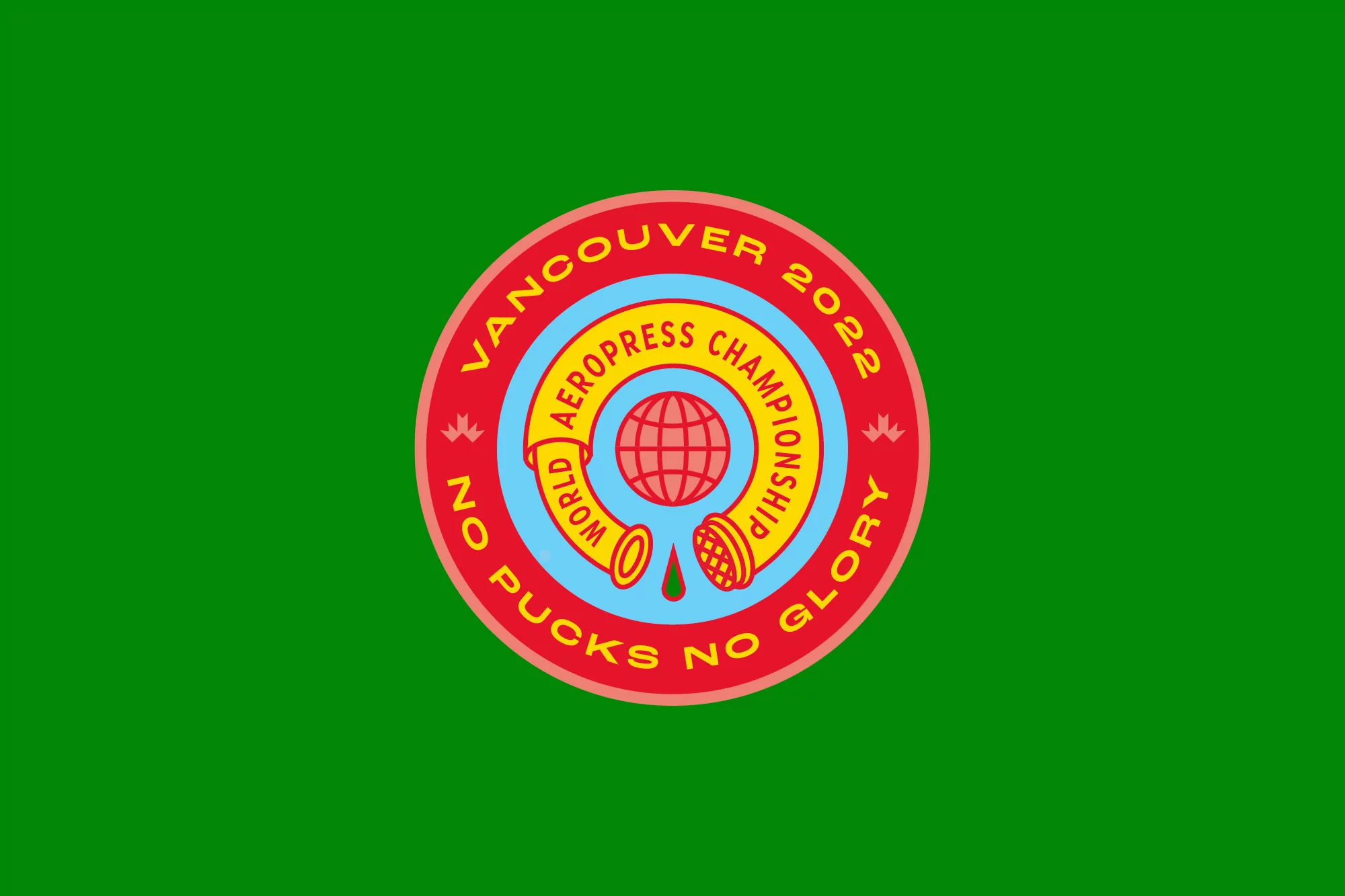 Vancouver 2022 World Aeropress Championship logo on green background. Round emblem featuring coffee brewing elements, maple leaves.