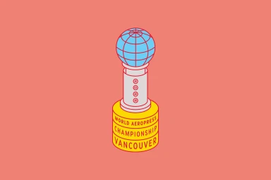 Isometric graphic illustration of a trophy with a blue globe on top and yellow base for World Aeropress Championships