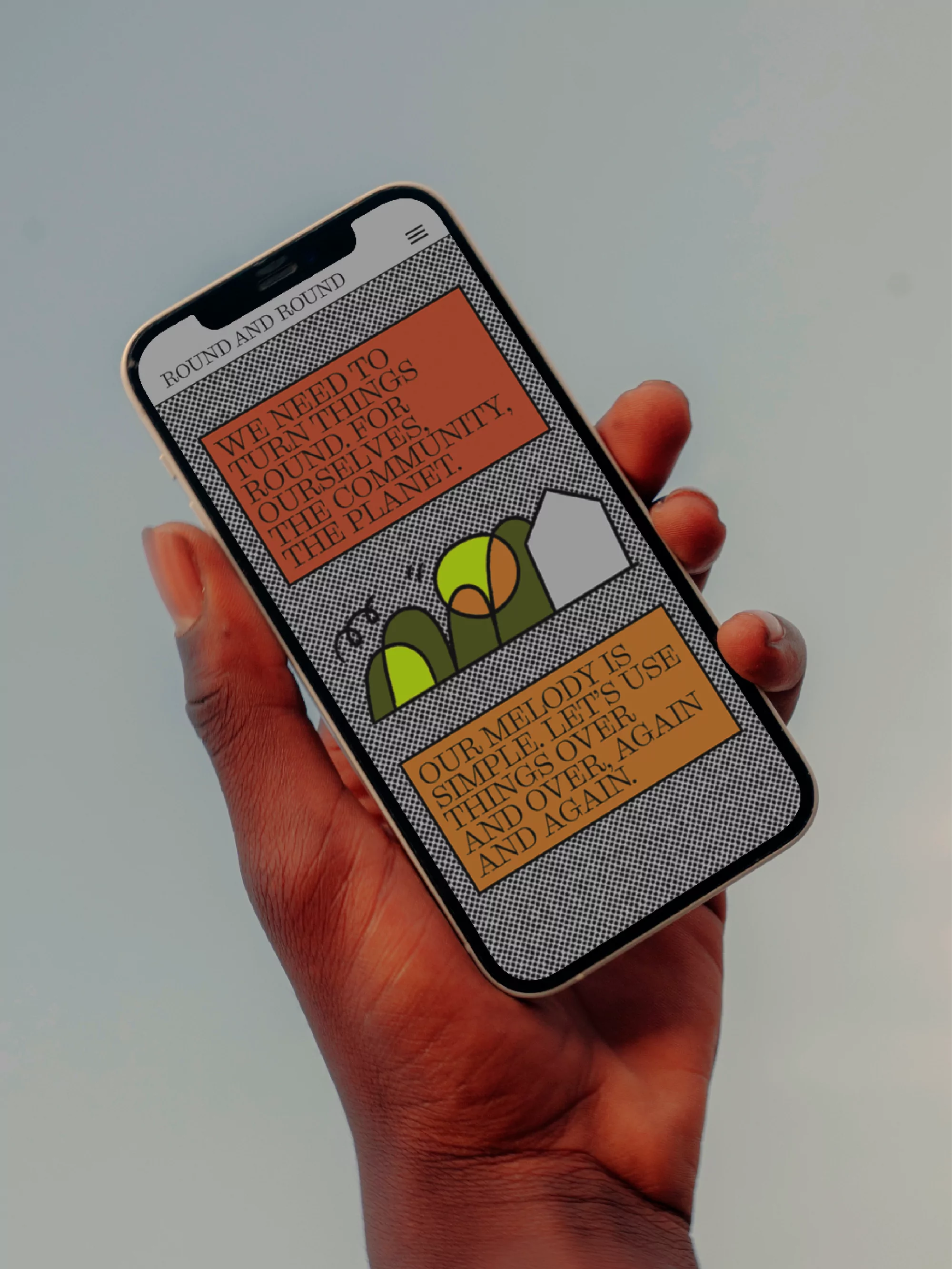 Human hand holds iPhone displaying animated graphic design featuring a website design mockup with earthy color palette and friendly messaging.