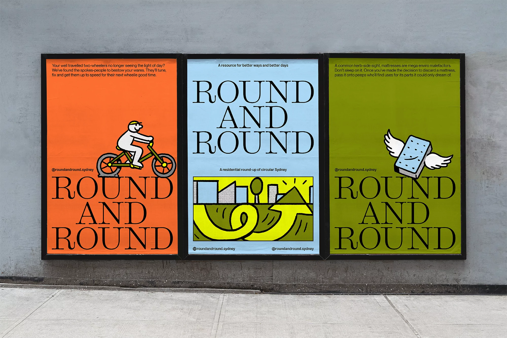 Three colorful advertising posters feature illustrations: cyclist, urban graphic, and mattress with wings, all with bold 'Round and Round' text.