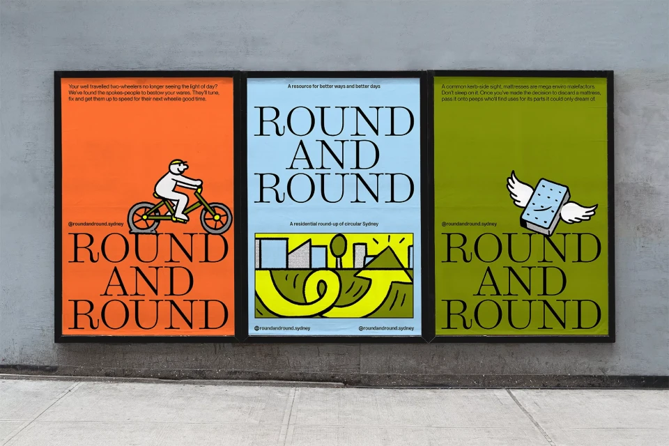 Three colorful advertising posters feature illustrations: cyclist, urban graphic, and mattress with wings, all with bold 'Round and Round' text.