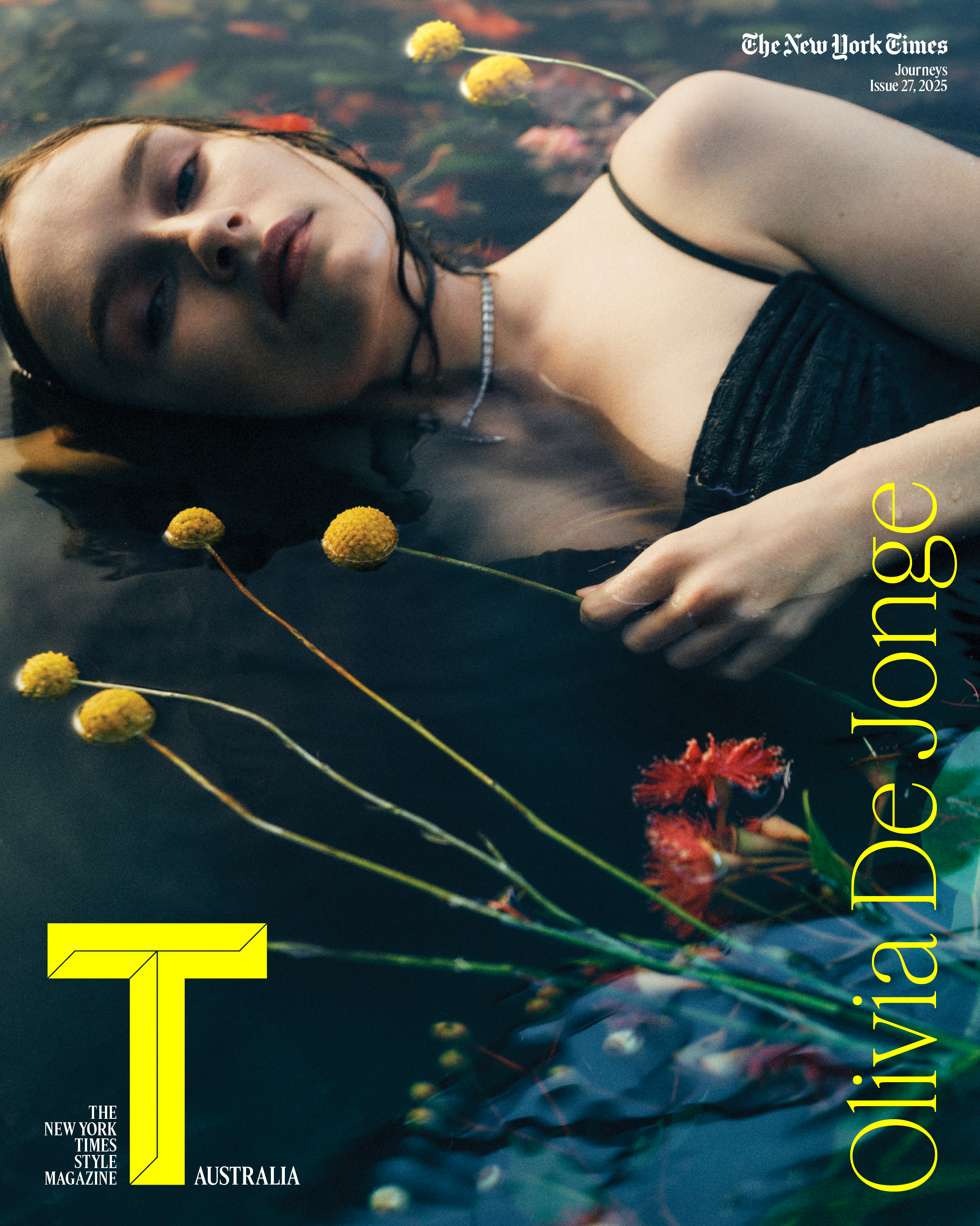 Magazine cover featuring Olivia De Jonge in water with yellow flowers. The New York Times Style Magazine Australia, Journeys Issue 27, 2005.