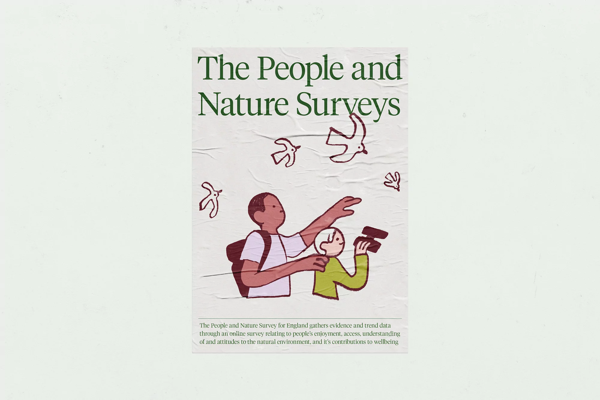 Illustration of a poster promoting nature surveys featuring two figures, birds, and descriptive text on a textured background.