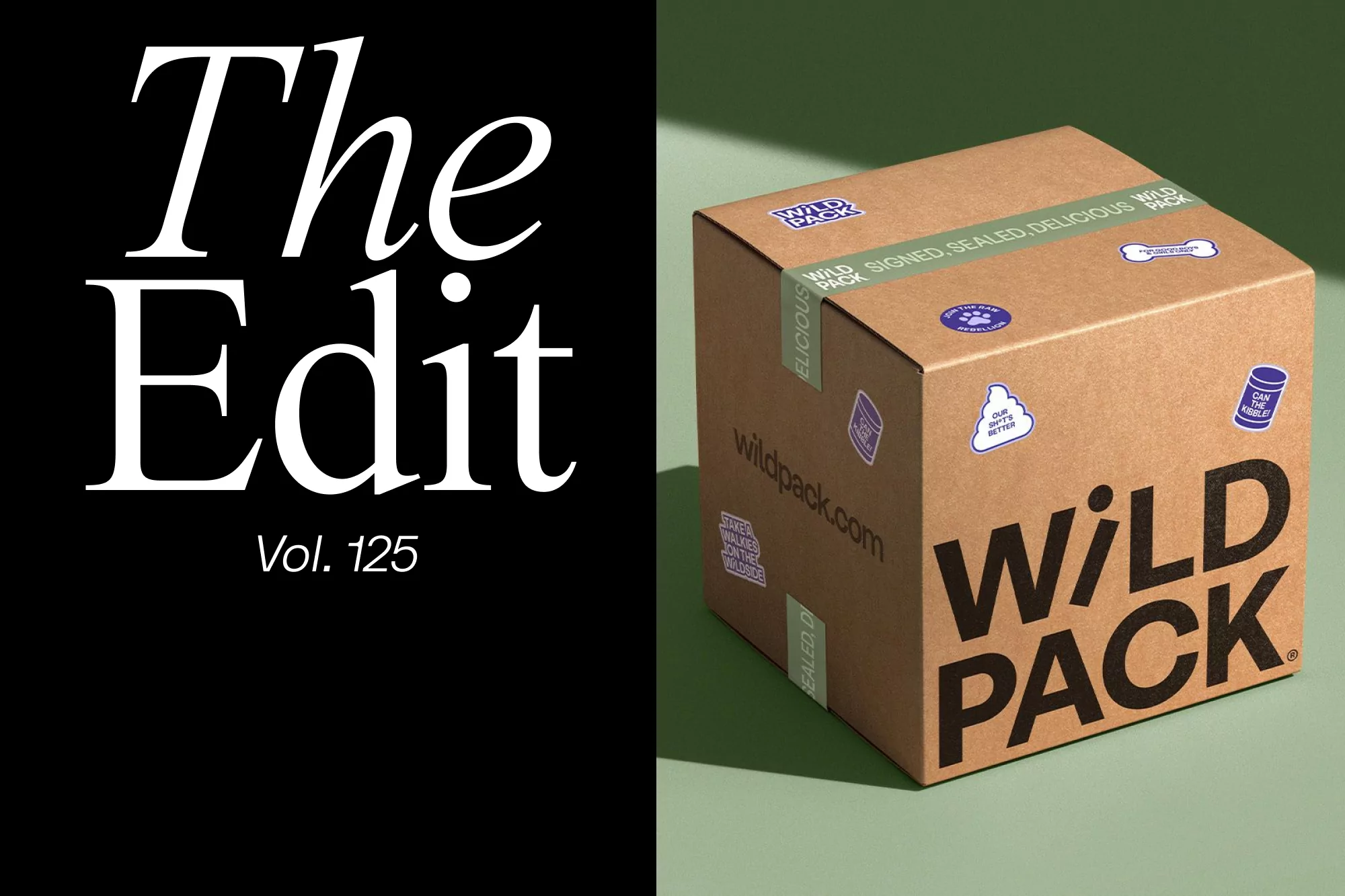 Product shot of a brown cardboard box with the brand 'Wild Pack' and various stickers against a green backdrop next to typographic art.