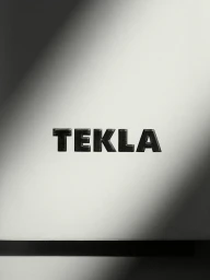 The word Tekla rendered in embossed dark lettering against a pale minimalist background with dramatic lighting.