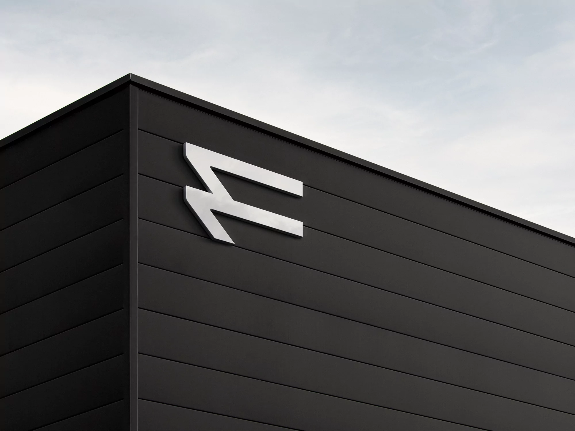 Low-angle view of the corner of a dark building with a silver logo against a pale sky. Modern architectural detail.