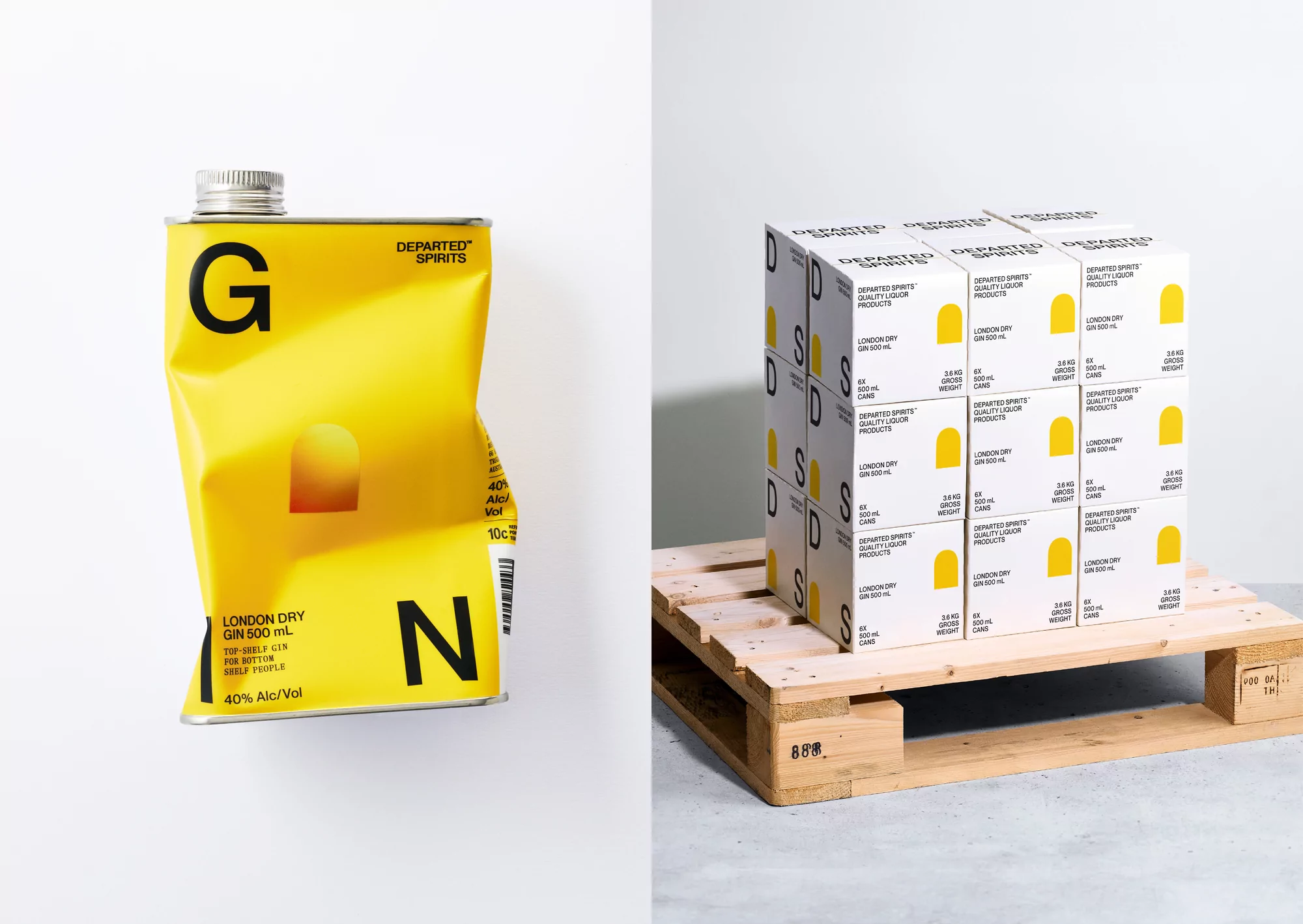 Departed Spirits gin product shot: can of gin with box set, both on white backdrop in a brightly lit photo studio.