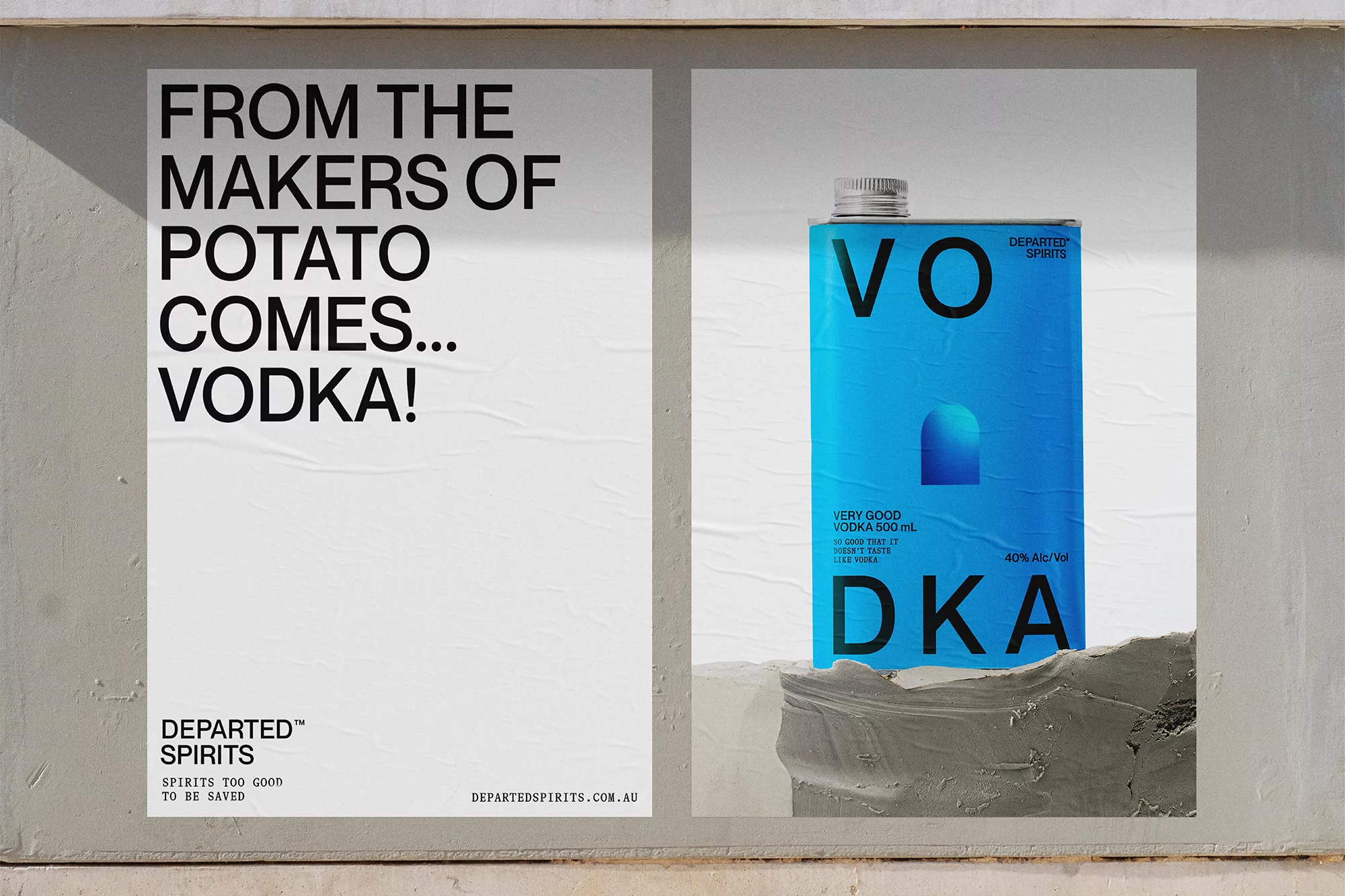 Advertisement featuring a poster for Departed Spirits vodka with a bright blue container, set against a textured, neutral-toned wall.