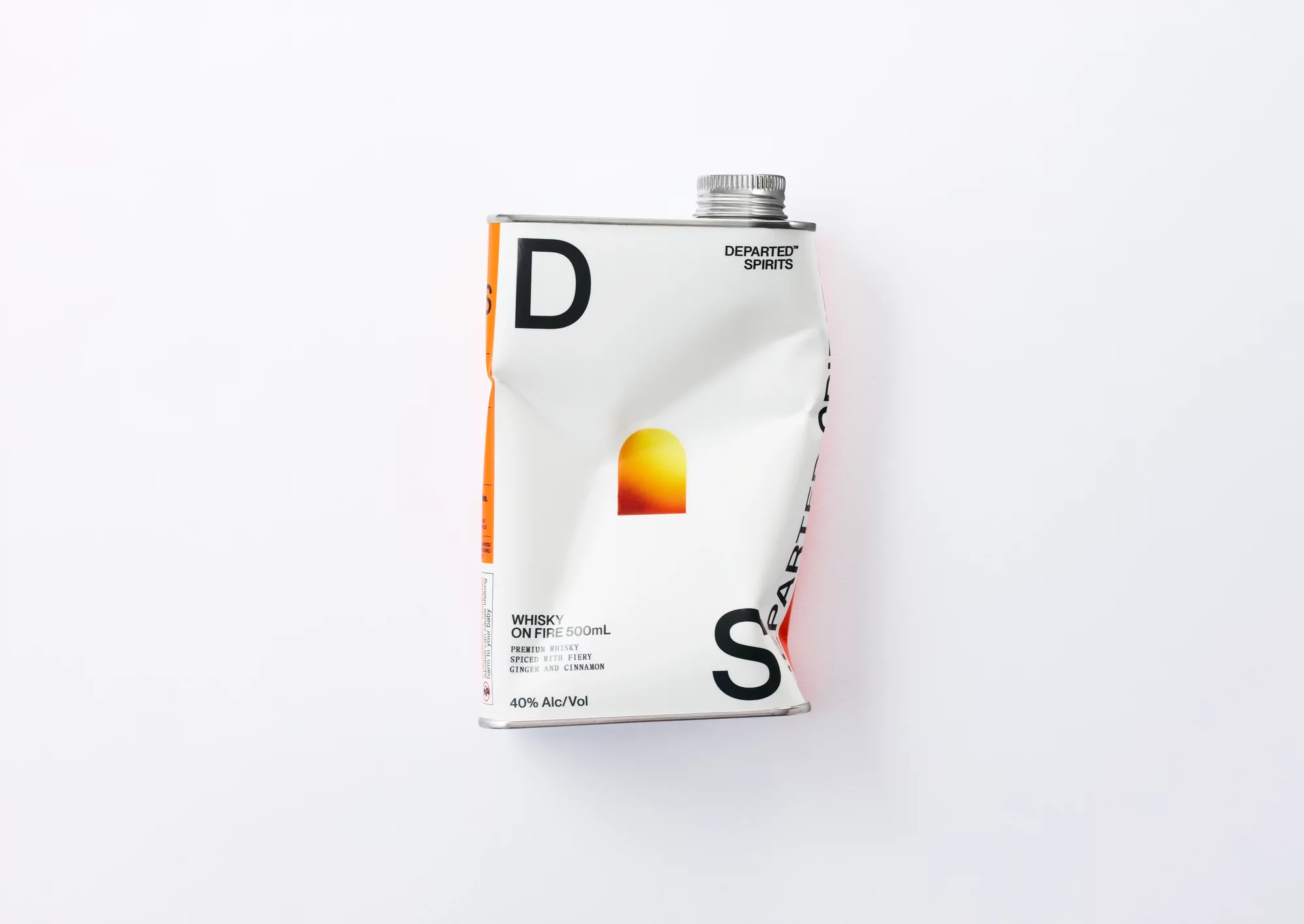 Still life shot of a white aluminum container with a silver cap. The container is labeled with "Departed Spirits" and some text.