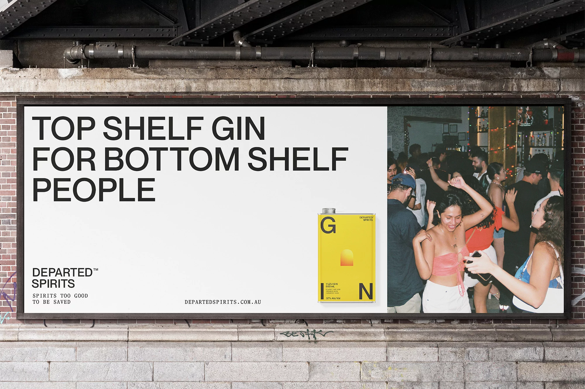 Billboard advertisement for Departed Spirits gin featuring party scene on brick wall under metal structure, promoting 'top shelf gin'.