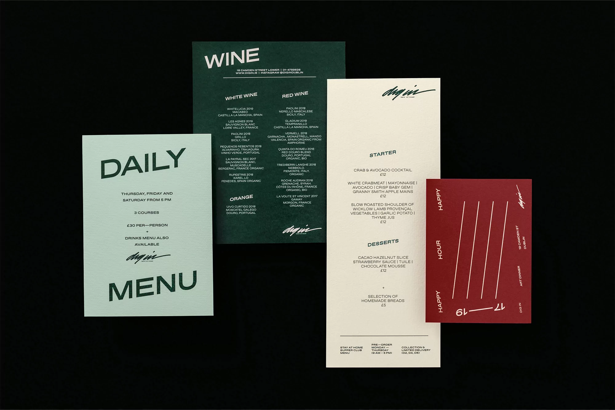 A variety of restaurant menus on a black background, including wine, daily specials, starters, desserts, and happy hour options.