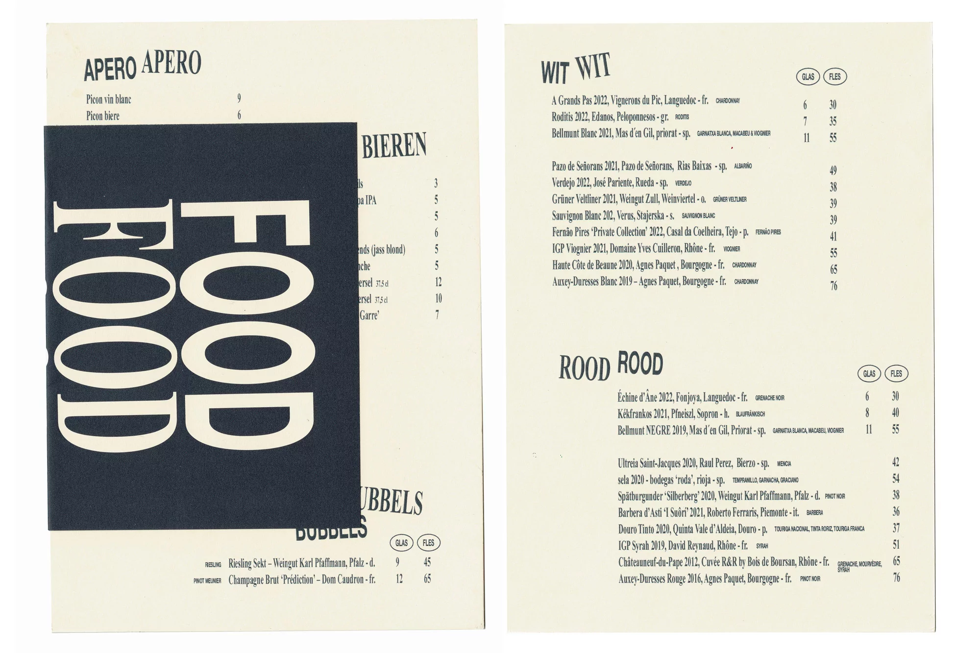 A food and drink menu features a modern design with bold typography, listing aperitifs, beers, bubbles, white wines, and red wines.