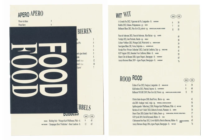A food and drink menu features a modern design with bold typography, listing aperitifs, beers, bubbles, white wines, and red wines.