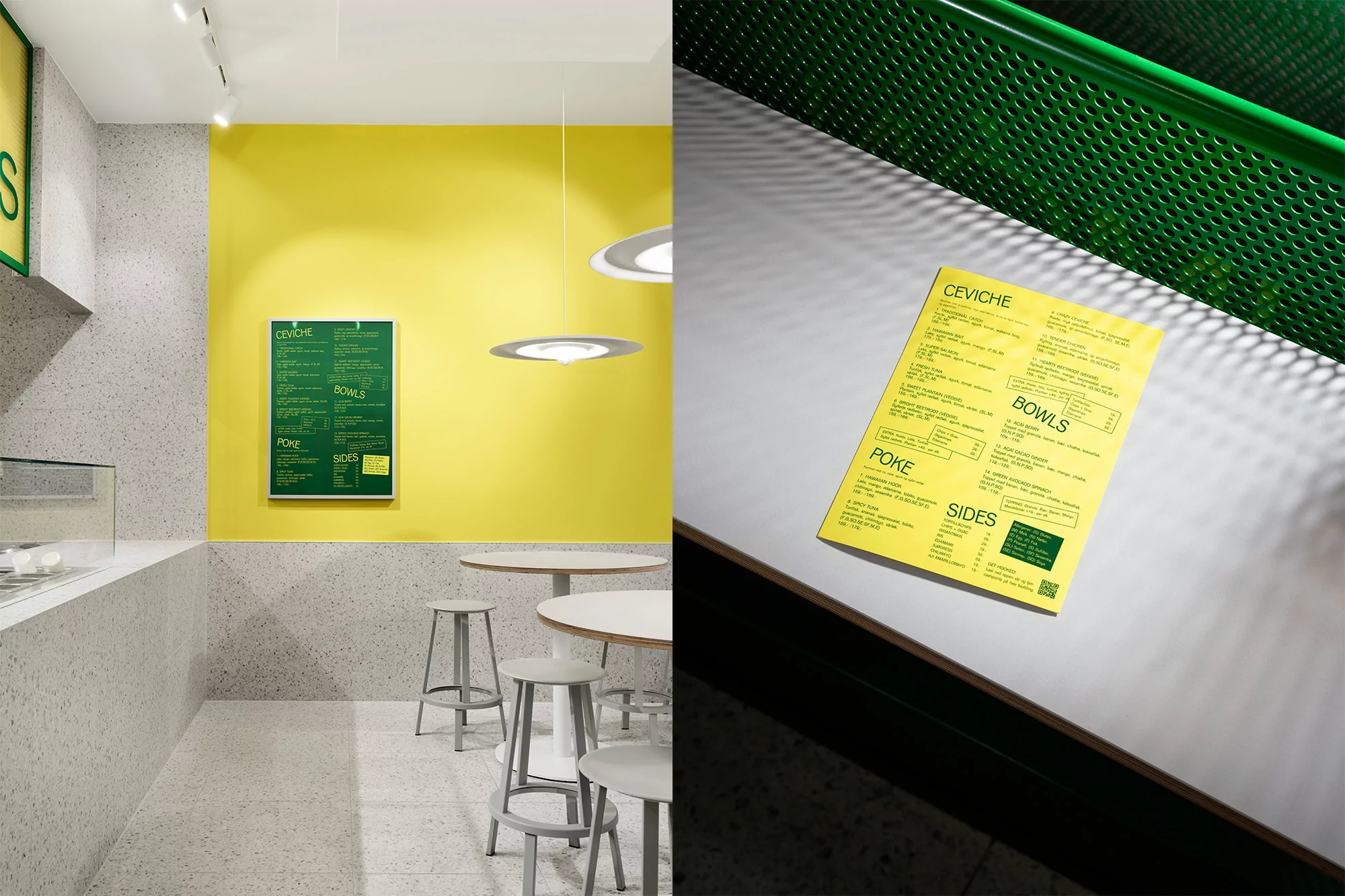 Restaurant interior featuring a modern design with bright yellow walls, terrazzo flooring, and sleek, minimalist furniture and decor.