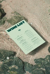 Pale green wine list menu resting on wet rocky ground near clear shallow water