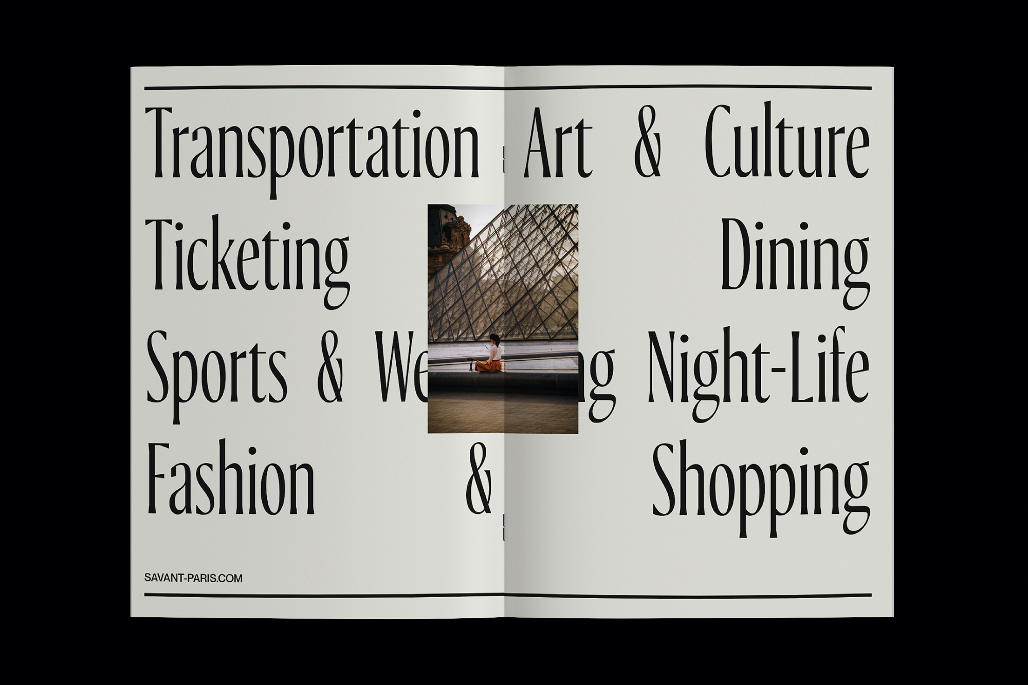 Open magazine spread with an image of a woman sitting in front of a pyramid, surrounded by categories like transportation, fashion, and dining.