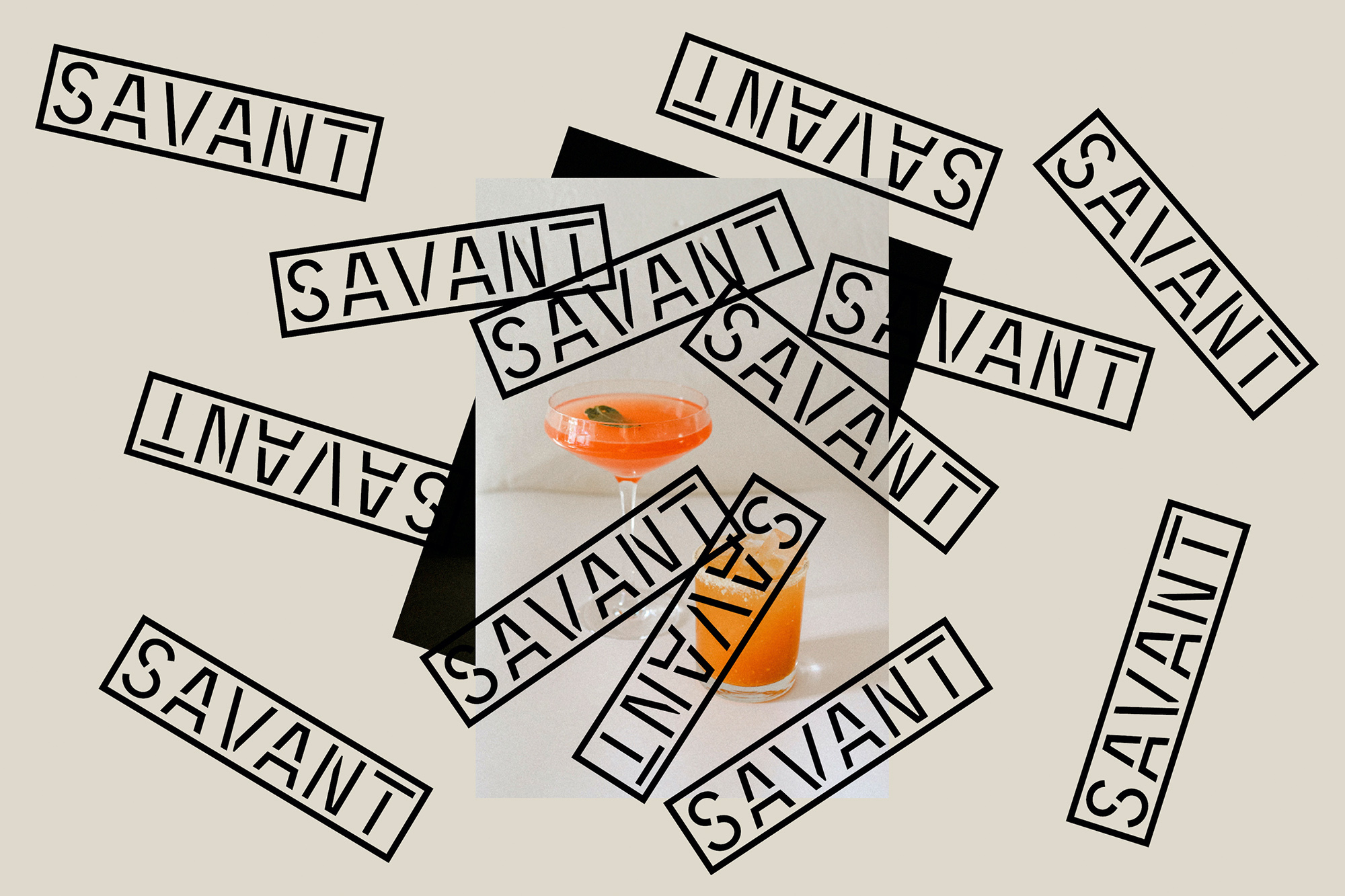 Two cocktails, one in coupe glass and one in highball glass, on a white background, surrounded by black 'SAVANT' text on beige.