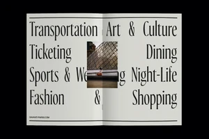 Spread design for Savant featuring elegant serif typography and a centered photographic insert showing a person near a landmark glass pyramid structure
