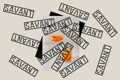 Collage style brand identity design featuring overlapping Savant stamped text frames and two cocktail drinks