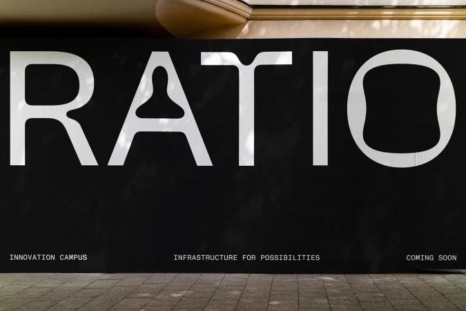 Large white 'RATIO' text on a black background, with the tagline 'Innovation Campus, Infrastructure for Possibilities, Coming Soon'.