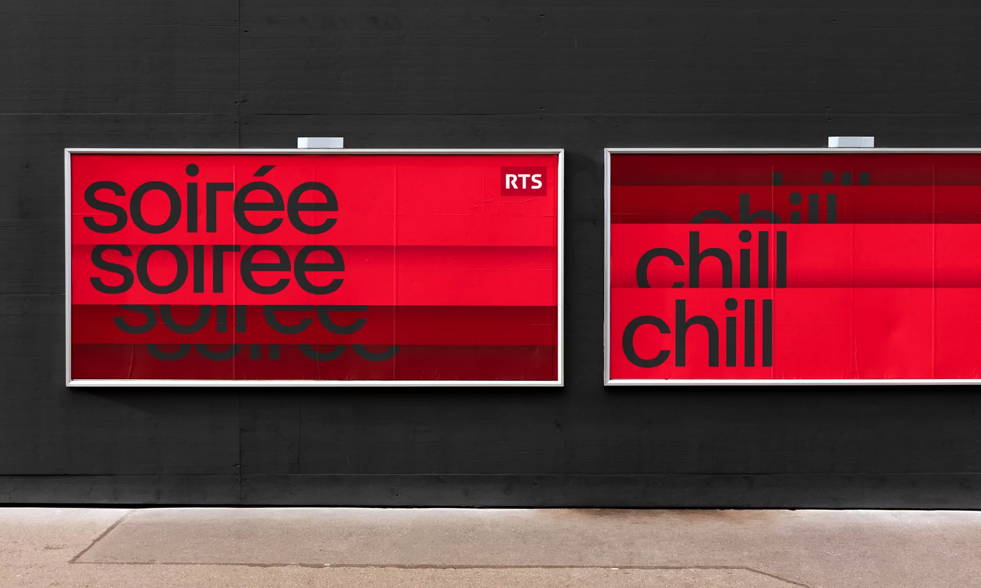 Two red and black advertisement posters with the words 'soiree' and 'chill' in black color, attached on the black wall and grey pavement.