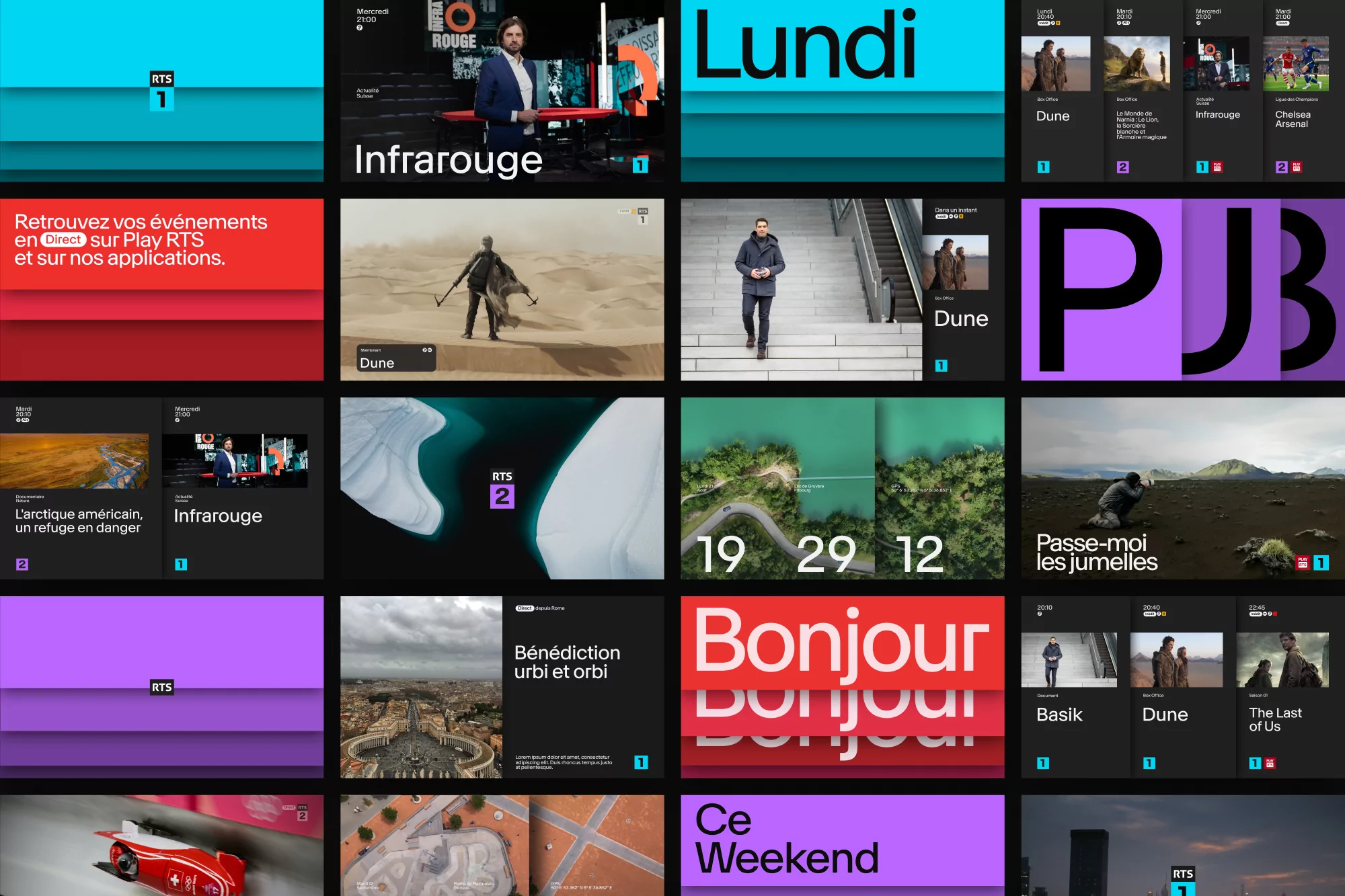 Compilation of various thumbnails from a streaming service, including people, landscapes, logos, and program titles, on a dark background.