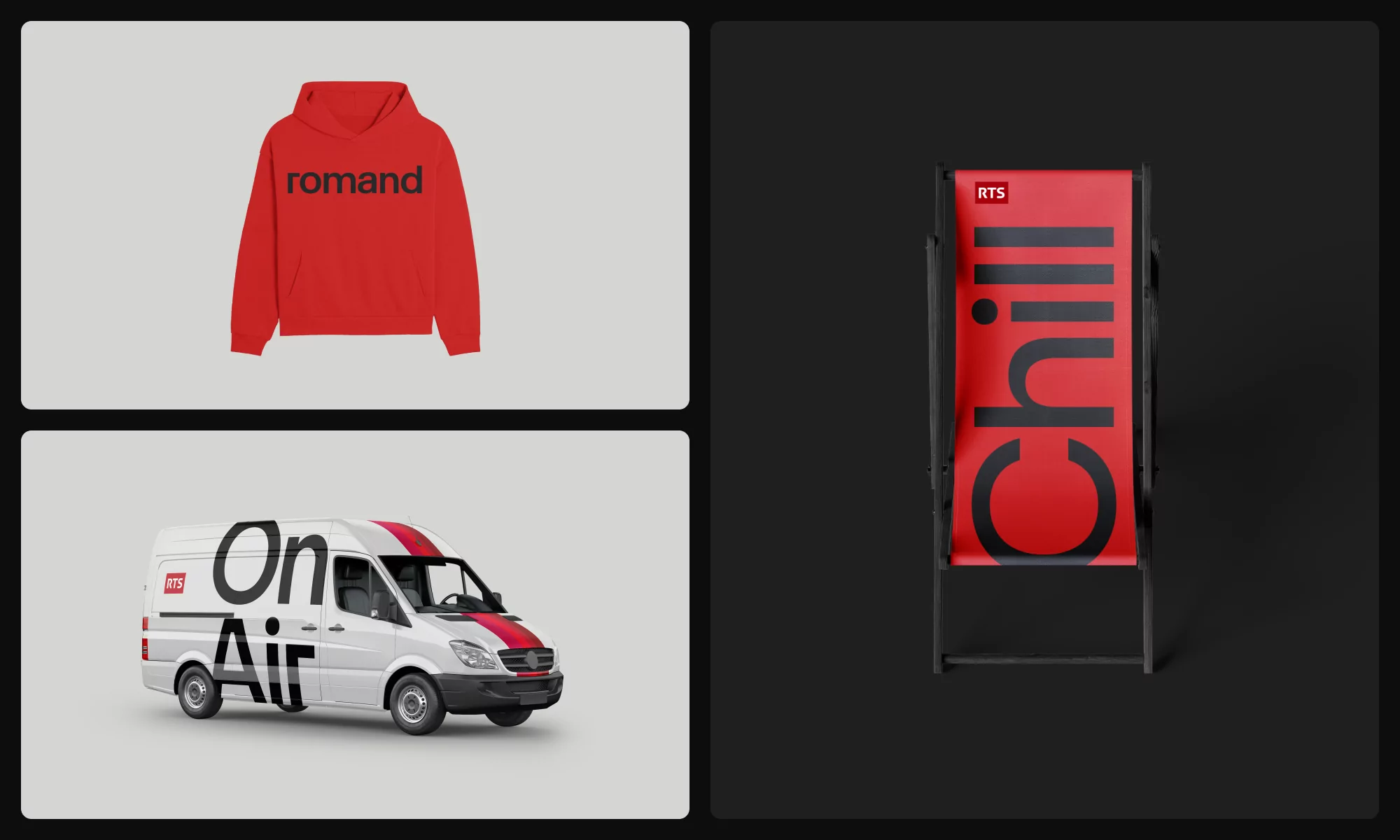 Mockup featuring a red hoodie with 'romand' text, a branded 'On Air' van, and a deckchair with 'Chill' text, all against muted backgrounds.
