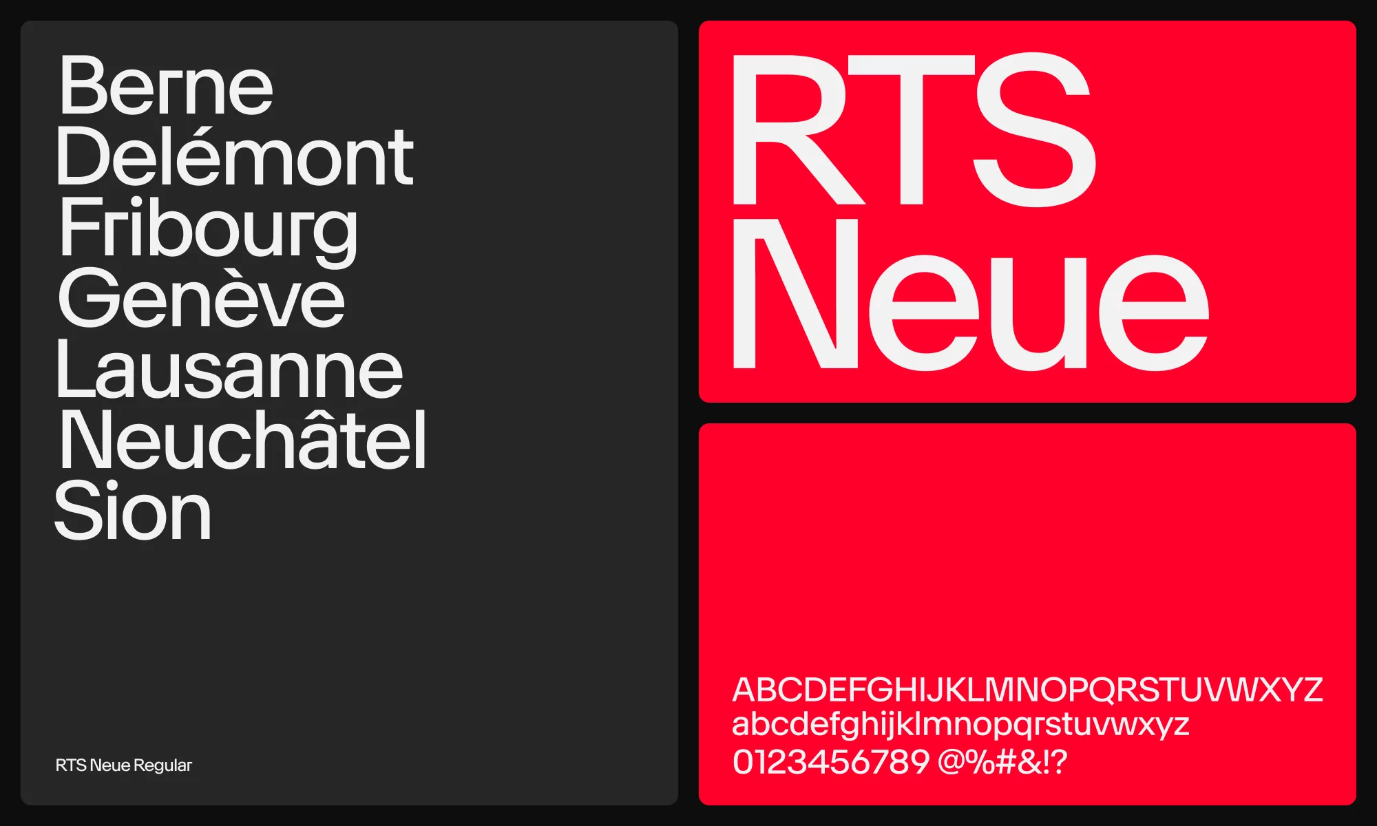 Text-based graphic showcasing 'RTS Neue' font with city names and alphabet examples in white on black and red backgrounds.