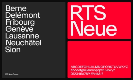 Graphic design specimen showing RTS Neue typography in white against black and red background panels