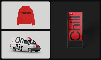 Branded RTS merchandise including a red hoodie, a white delivery van with typography, and a red beach chair.