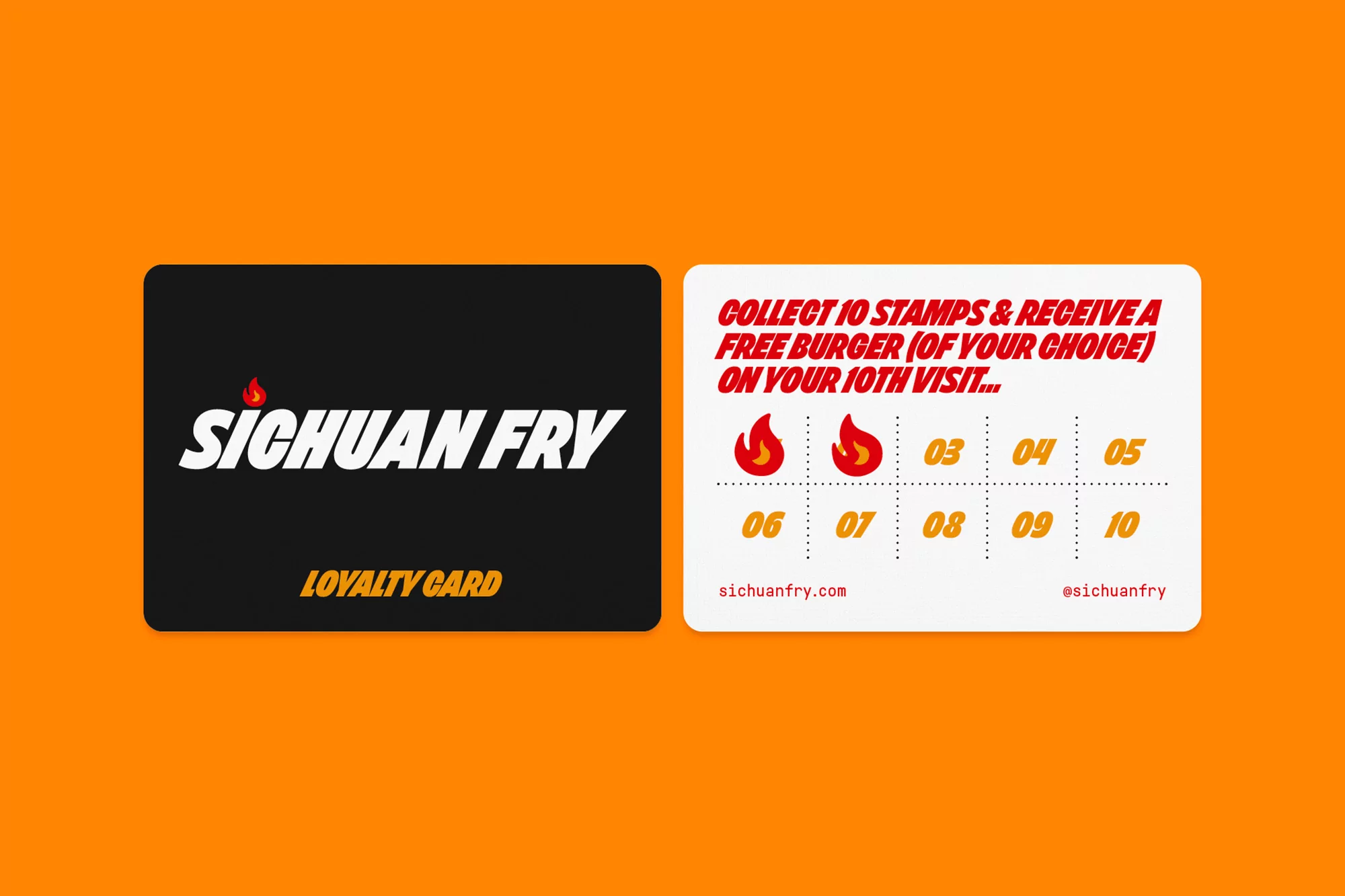Sichuan Fry loyalty card featuring a black card with the logo and a white card detailing a promotion for a free burger.