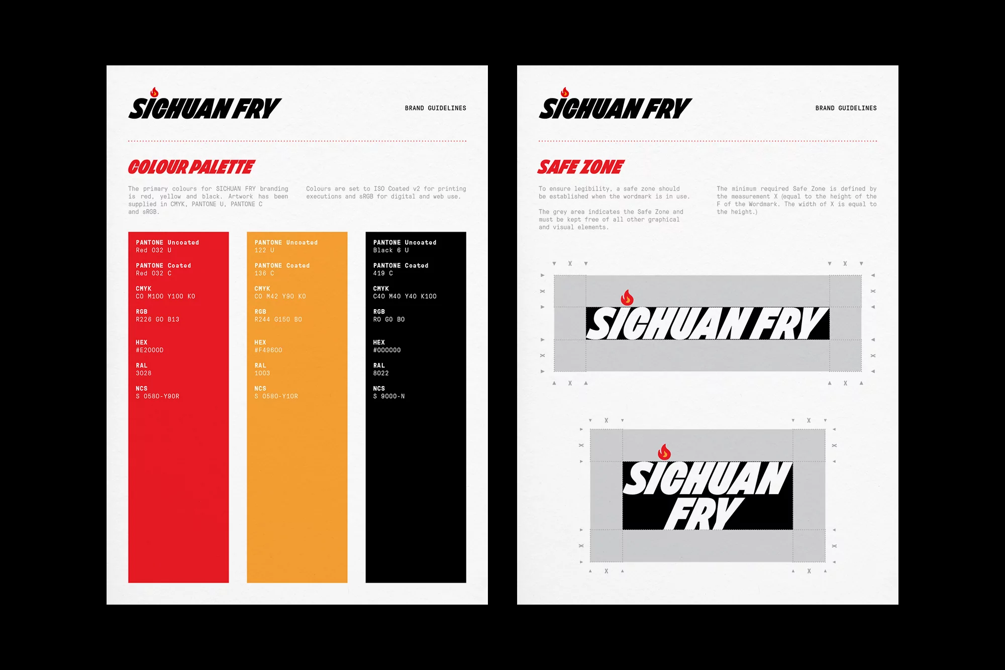 Sichuan Fry brand guidelines shown on two adjacent pages with color palette and safe zone logo guidance. Flat lay, studio lighting.