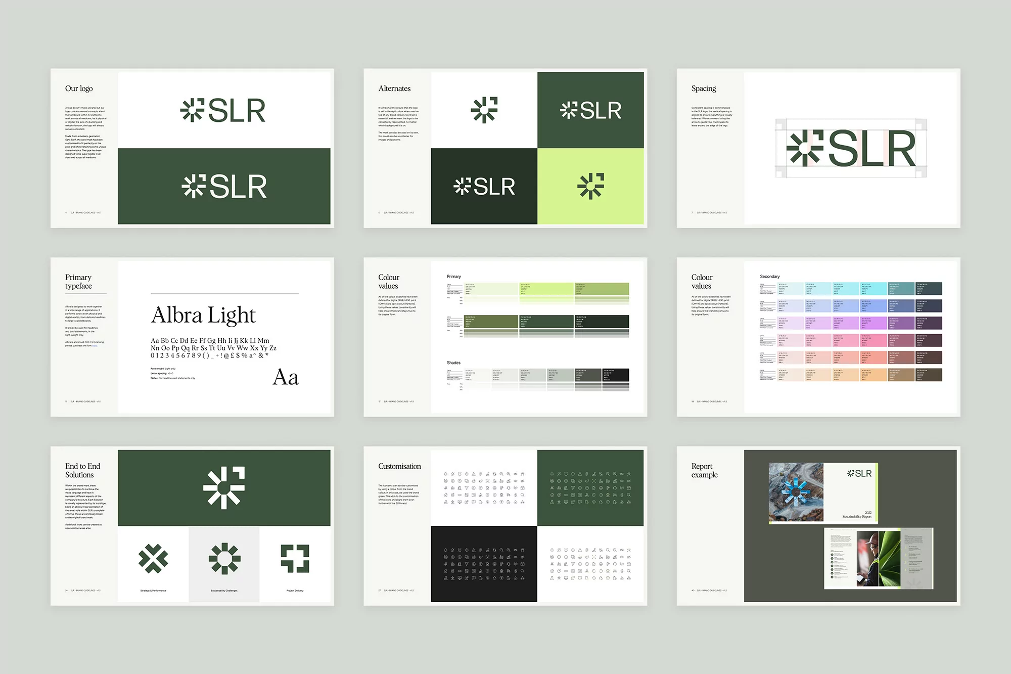 Presentation slide showcasing the design of the SLR logo, variations, typography, color palette, and customization options on a light gray background.