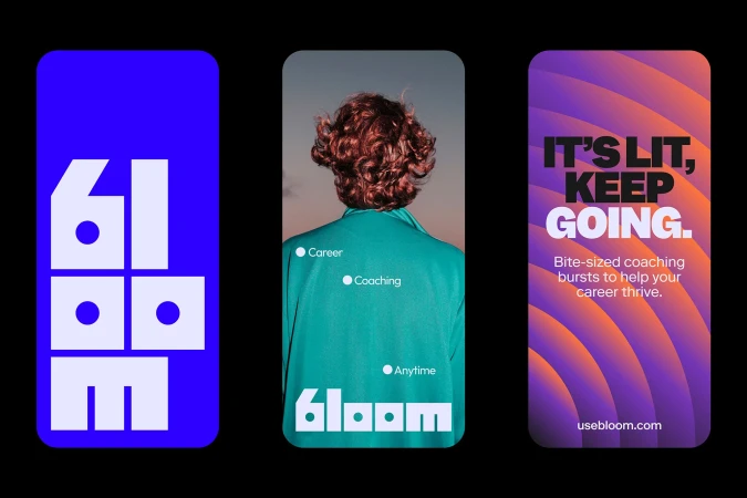 Bloom career coaching ad features a logo, a person's back, and text like 'It's lit, keep going,' and 'Bite-sized coaching bursts'.