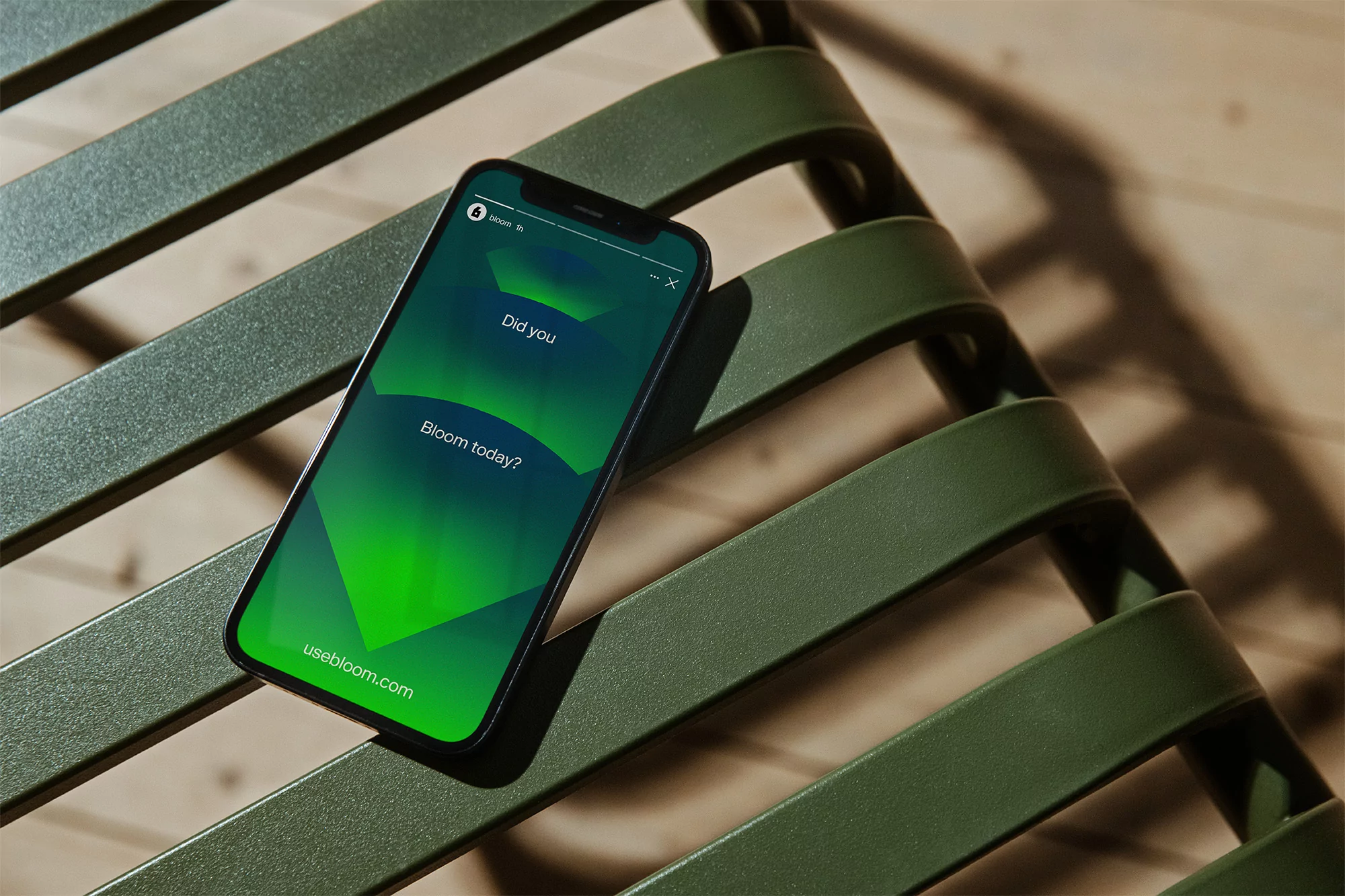Smartphone on a green metal slatted chair displaying the usebloom.com website, illuminated by natural lighting, showcasing technology and design.