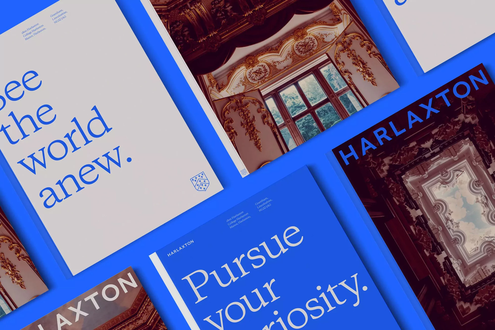 Promotional flat lay featuring Harlaxton College brochures with architecture images and typography on a vibrant blue background.