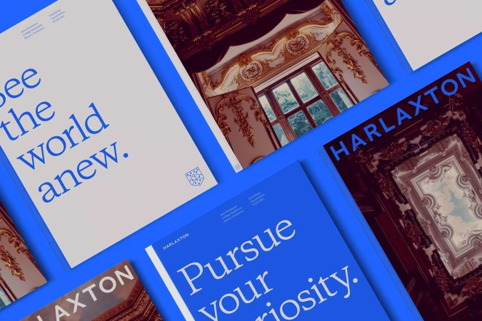Promotional flat lay featuring Harlaxton College brochures with architecture images and typography on a vibrant blue background.