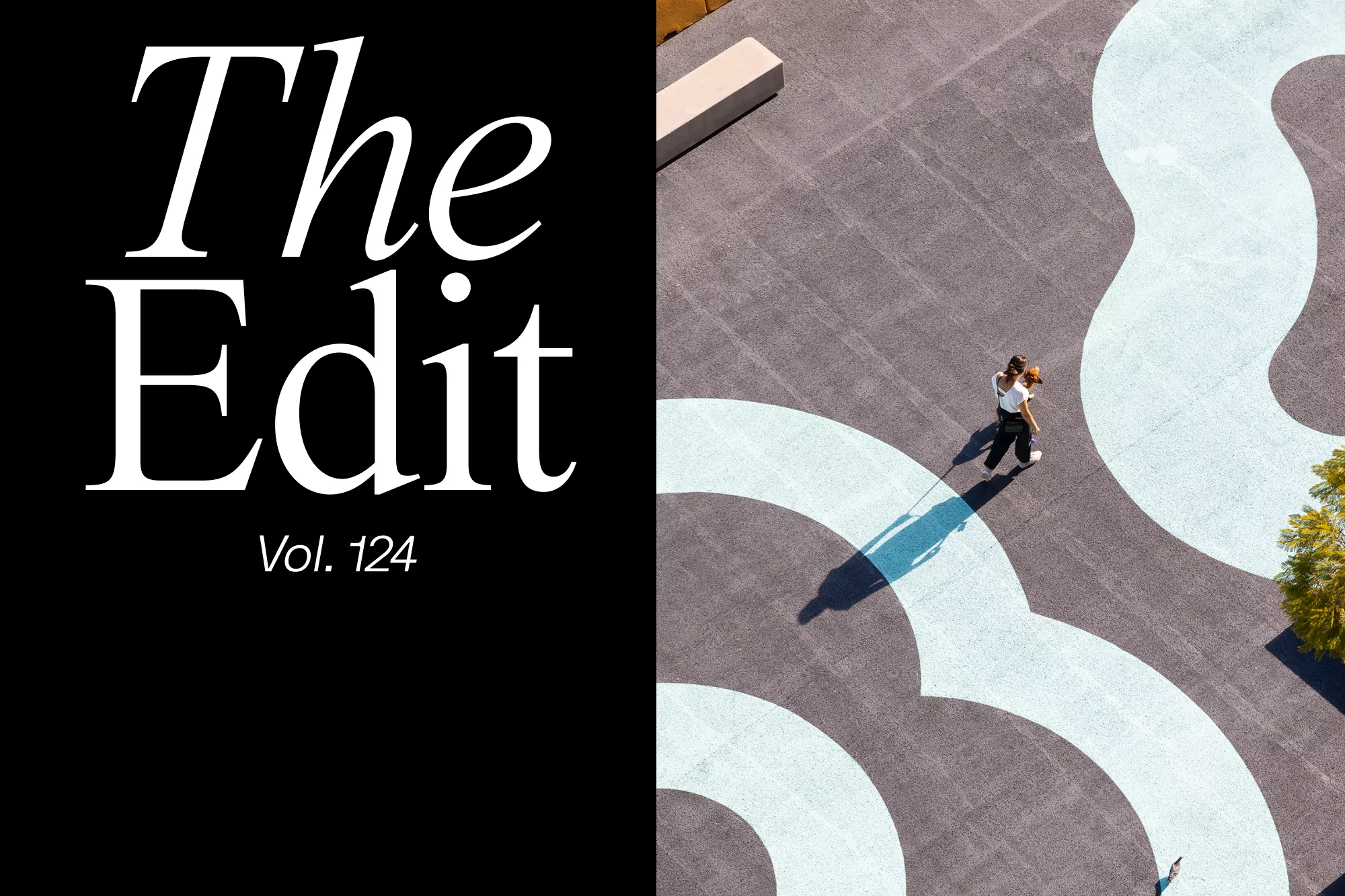 Aerial view of two adults walking on a gray patterned concrete surface alongside stylized white lines, accompanied by text overlay.