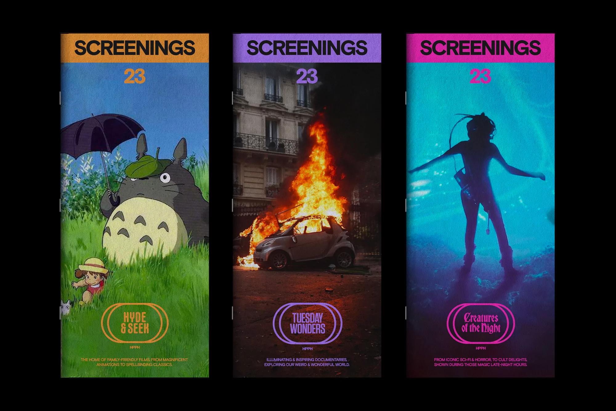 Three magazine covers, each with a unique illustration: cartoon figures, burning car in a cityscape, and person in the dark.