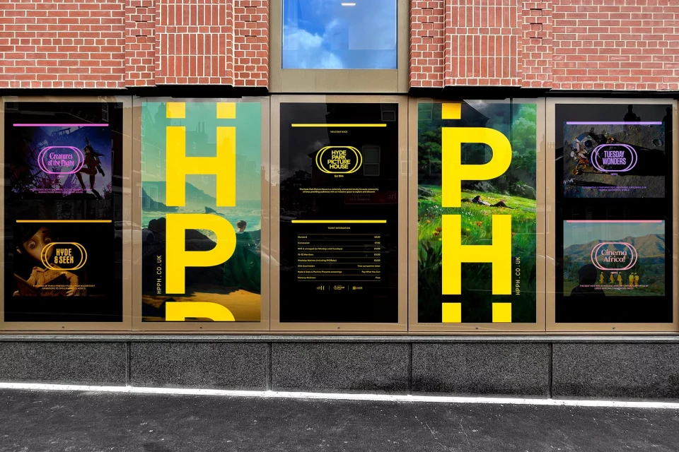 Window display featuring posters for Hyde Park Picture House, showcasing film titles like 'Creatures of the Night' and 'Cinema Africof'.