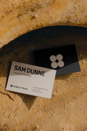 Brilliant Planet business cards resting on rough, sunlit stone terrain with sharp shadows cast across them.